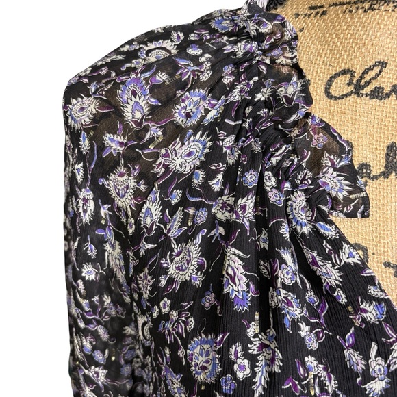 Intermix Dory Floral Chiffon Silk Mini Dress Black Lined Ruffle Long Sleeve 12 - Picture 7 of 10